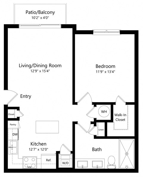 Floor plan for 1 bed, 1 bath, 763 sqft